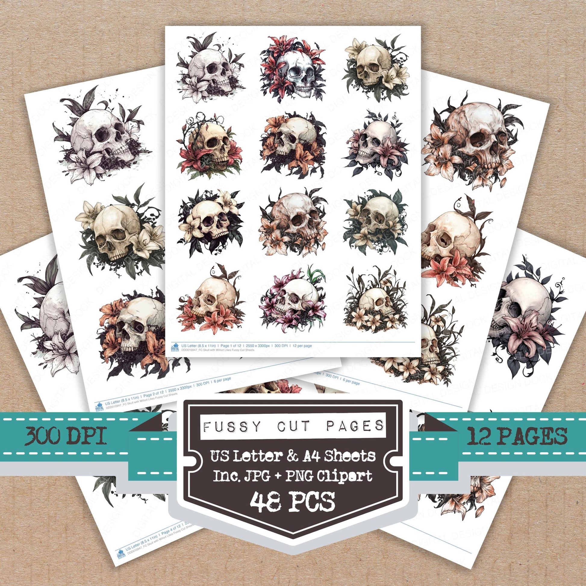 Skull with Wilted Lilies fussy cut printable sheets for junk journaling, scrapbooking, and paper craft projects