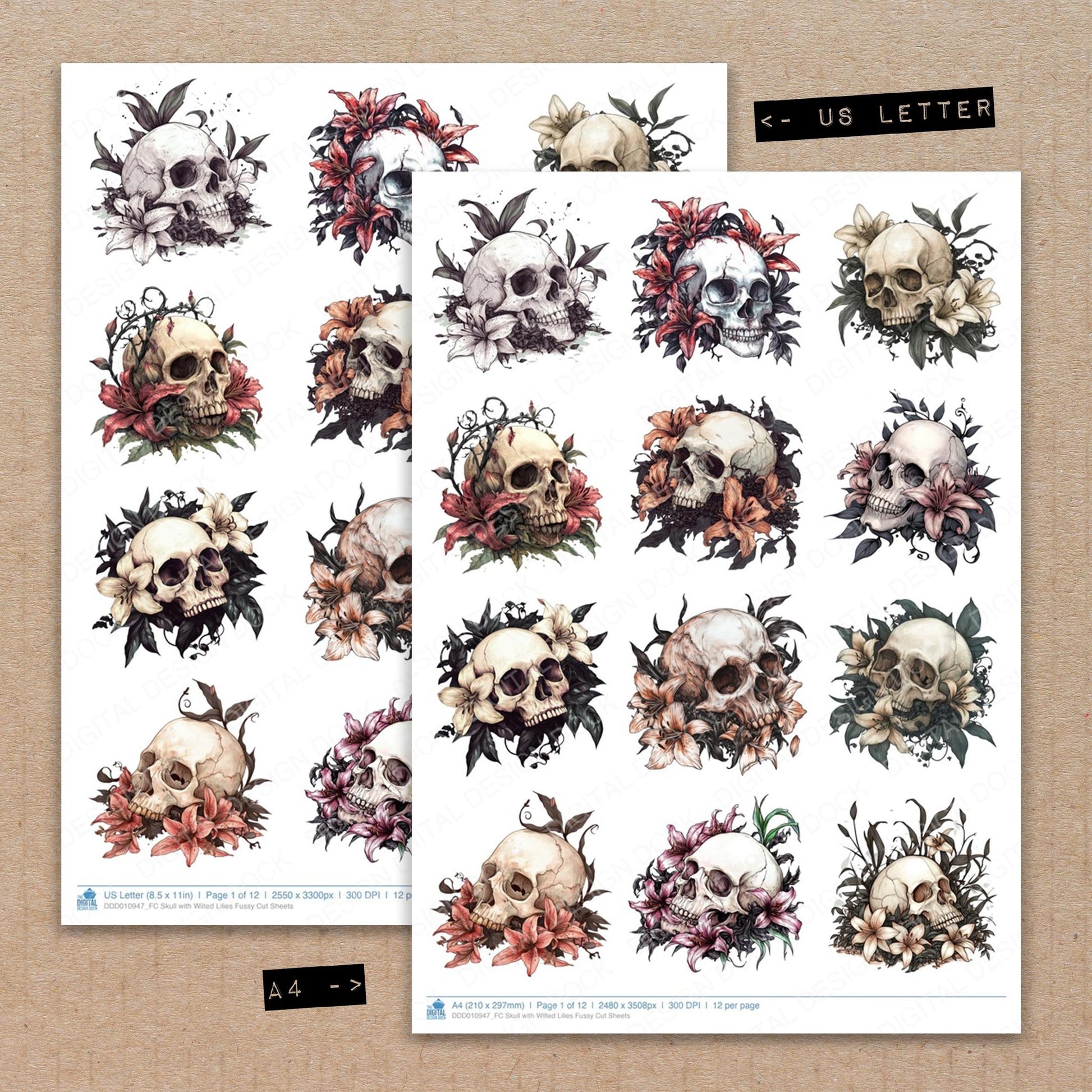 A4 and US Letter format comparison showing Skull with Wilted Lilies fussy cut pages for print and cut crafting