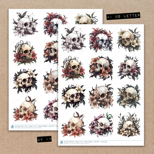 A4 and US Letter format comparison showing Skull with Wilted Lilies fussy cut pages for print and cut crafting