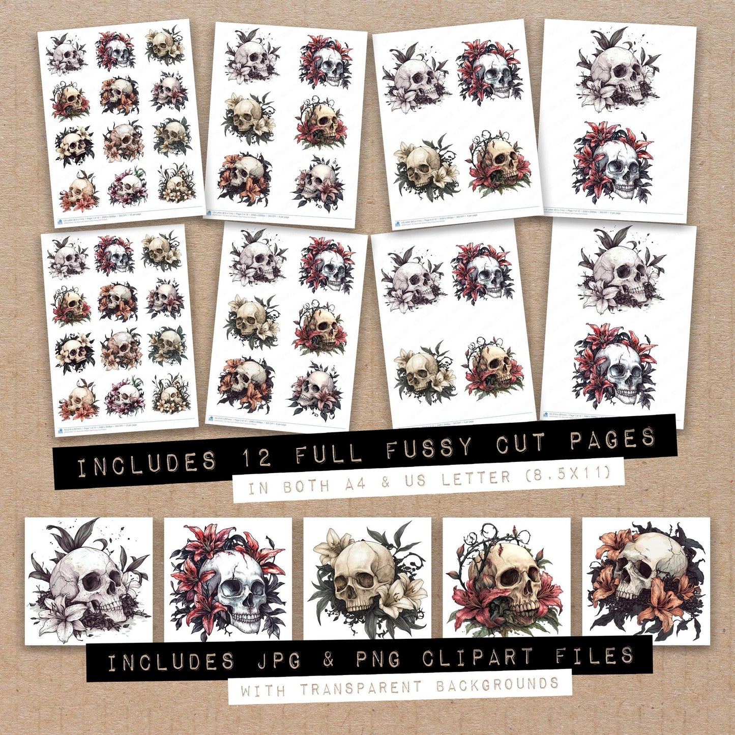 Full collection view of Skull with Wilted Lilies fussy cut sheets with bonus clipart JPG and PNG files