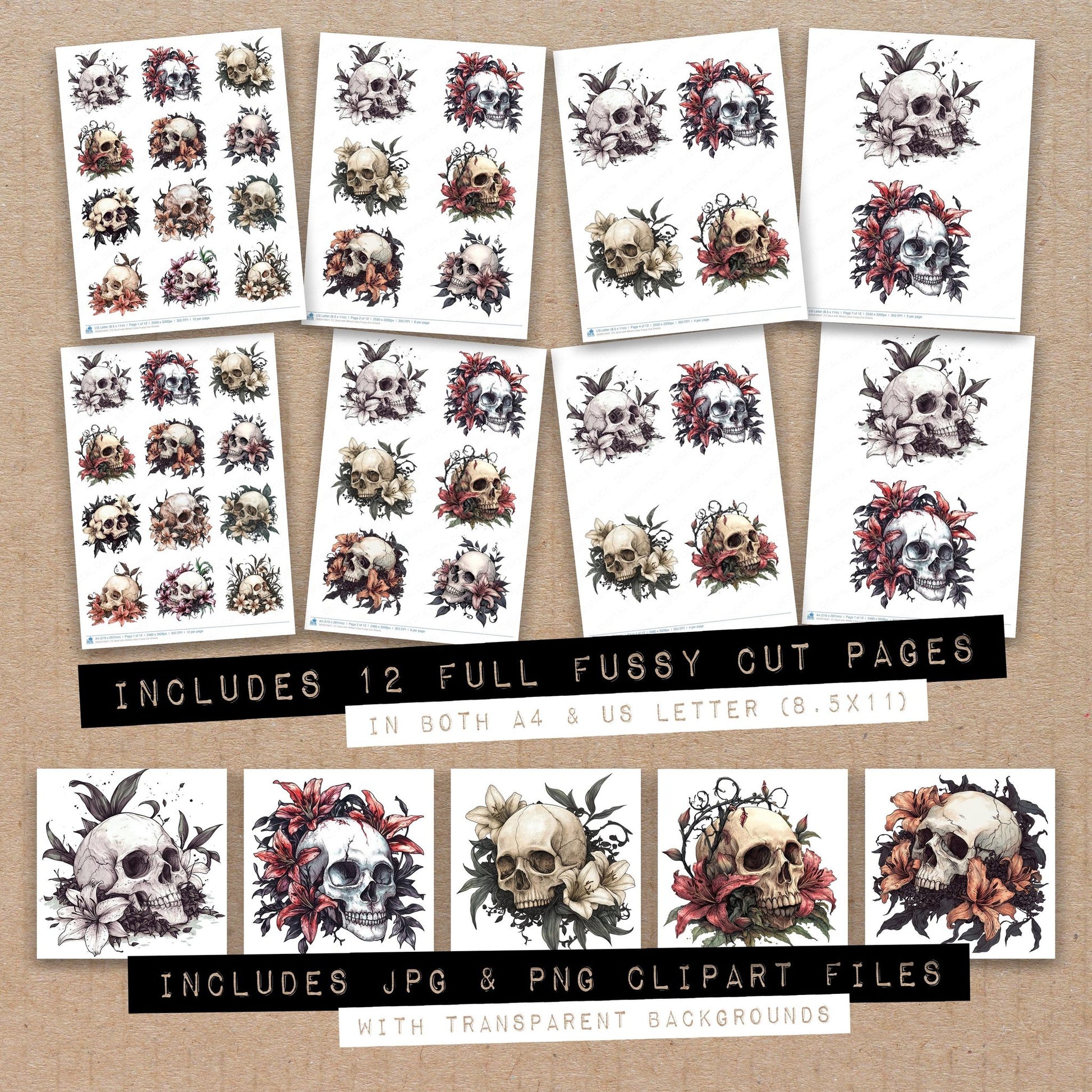 Full collection view of Skull with Wilted Lilies fussy cut sheets with bonus clipart JPG and PNG files