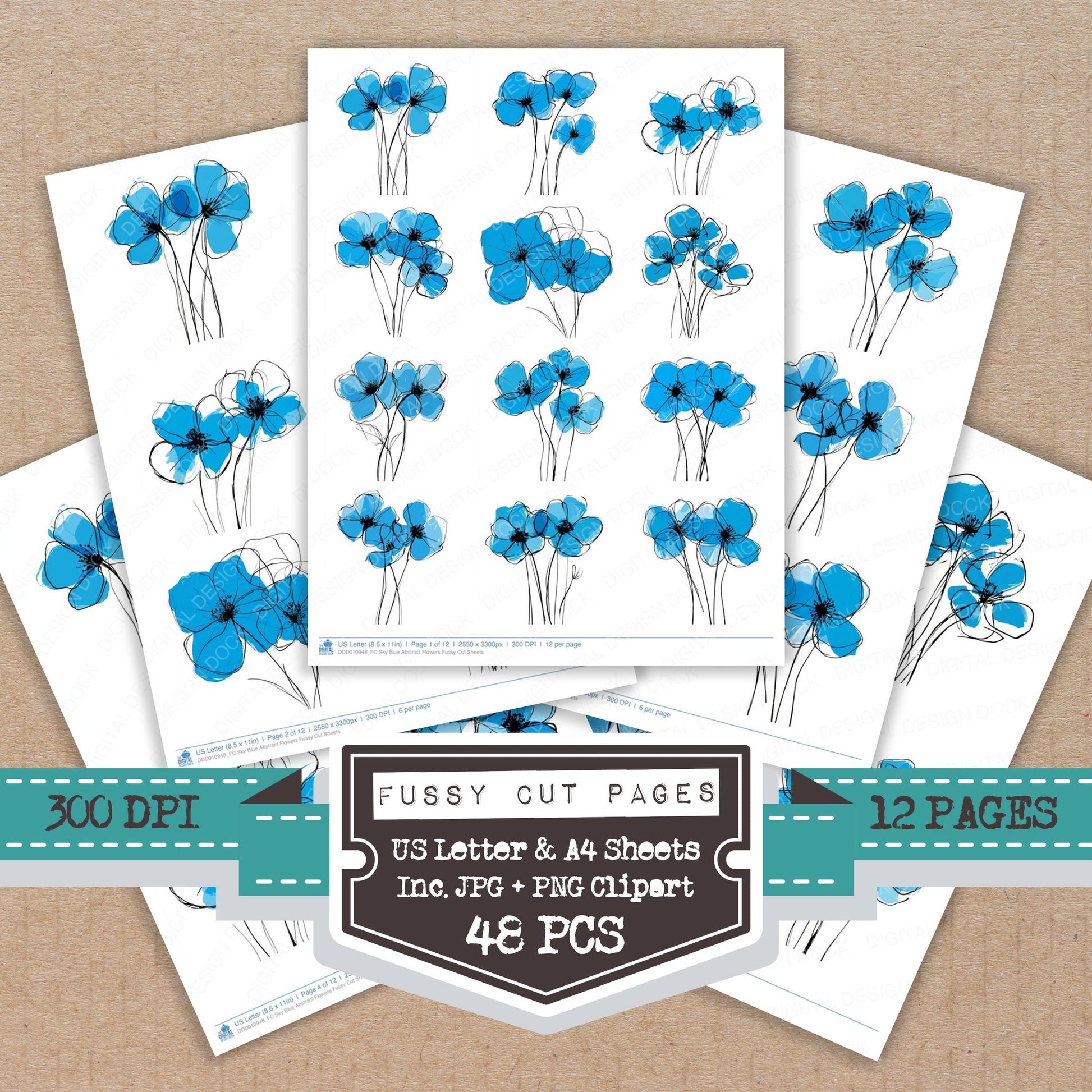 Sky Blue Abstract Flowers fussy cut printable sheets for junk journaling, scrapbooking, and paper craft projects