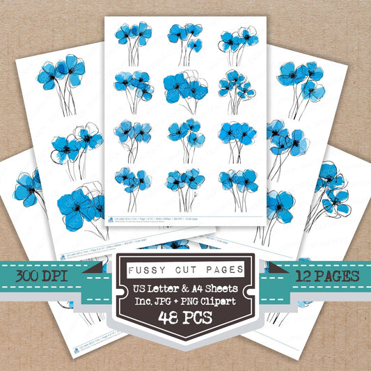 Sky Blue Abstract Flowers fussy cut printable sheets for junk journaling, scrapbooking, and paper craft projects