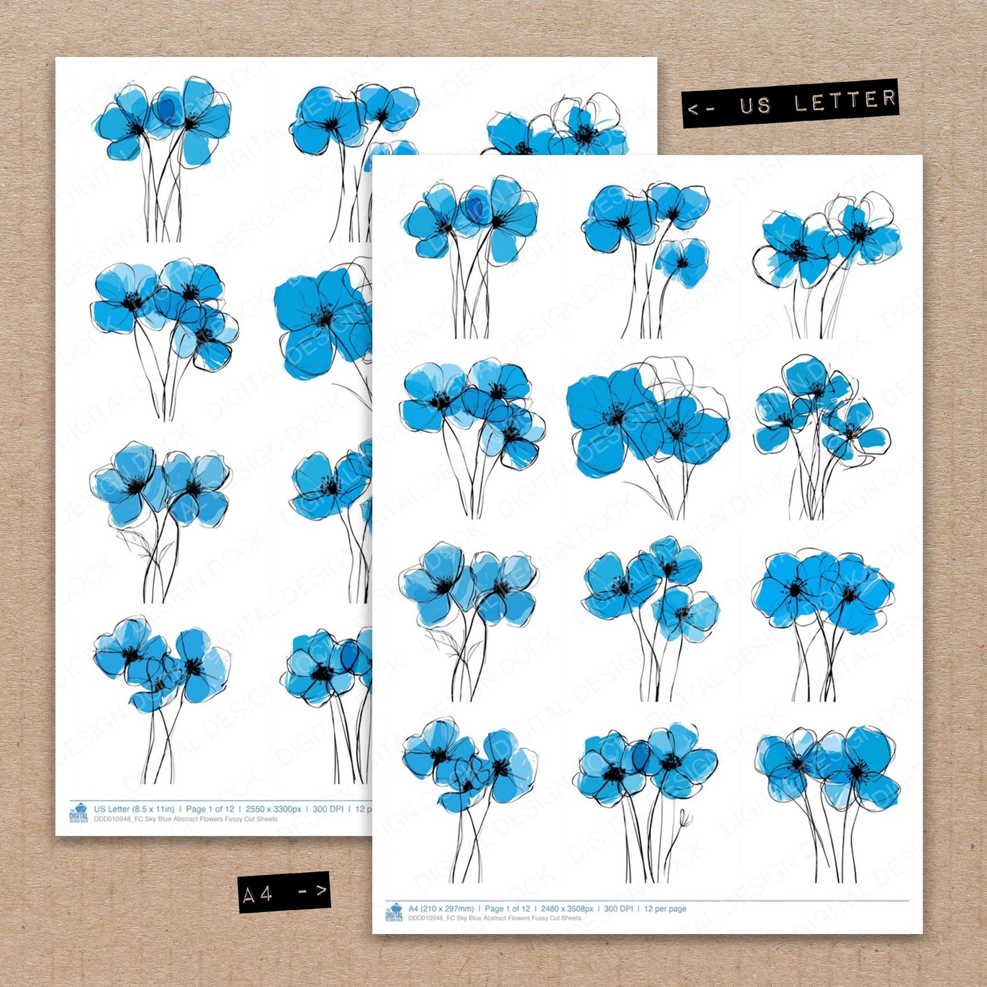 A4 and US Letter format comparison showing Sky Blue Abstract Flowers fussy cut pages for print and cut crafting