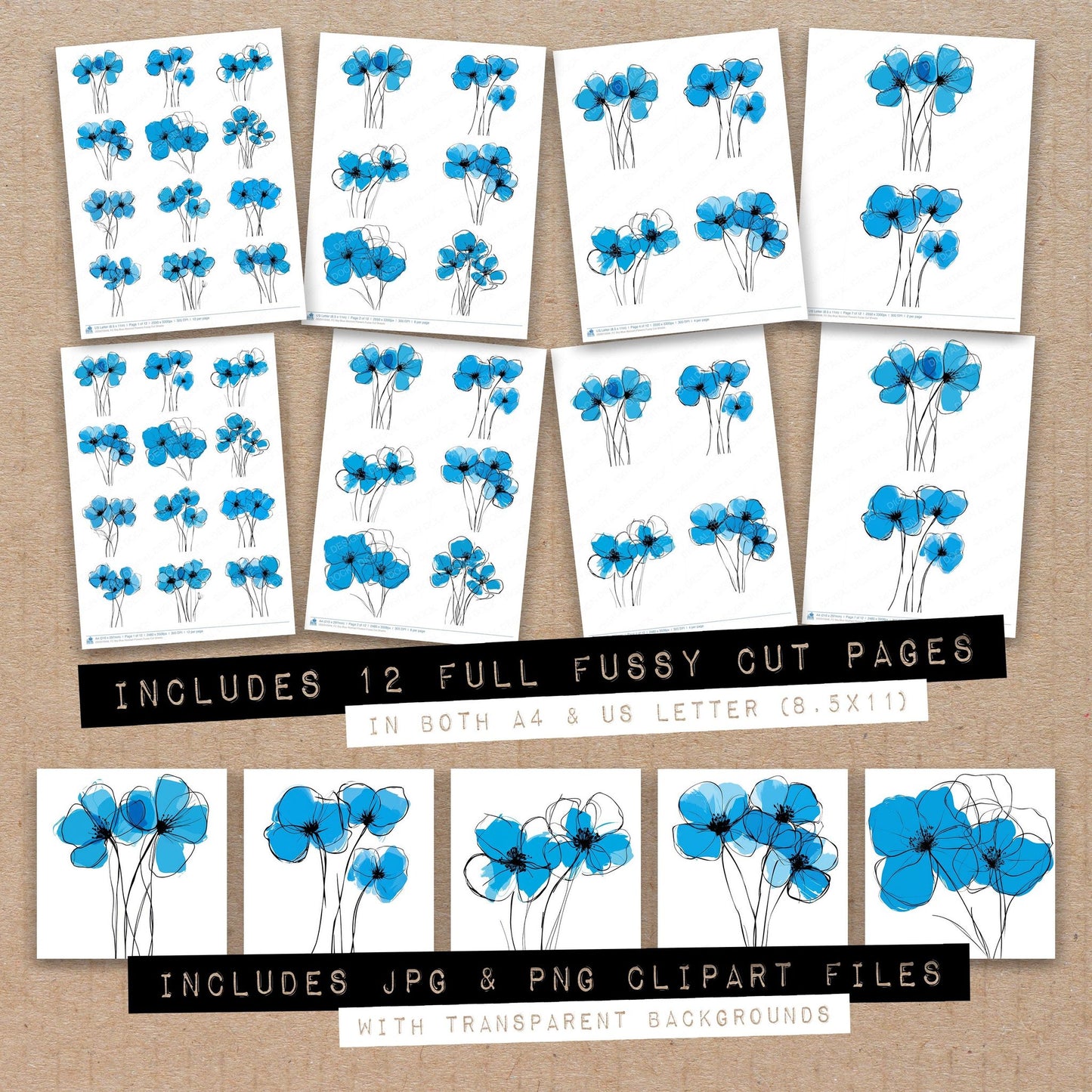 Full collection view of Sky Blue Abstract Flowers fussy cut sheets with bonus clipart JPG and PNG files