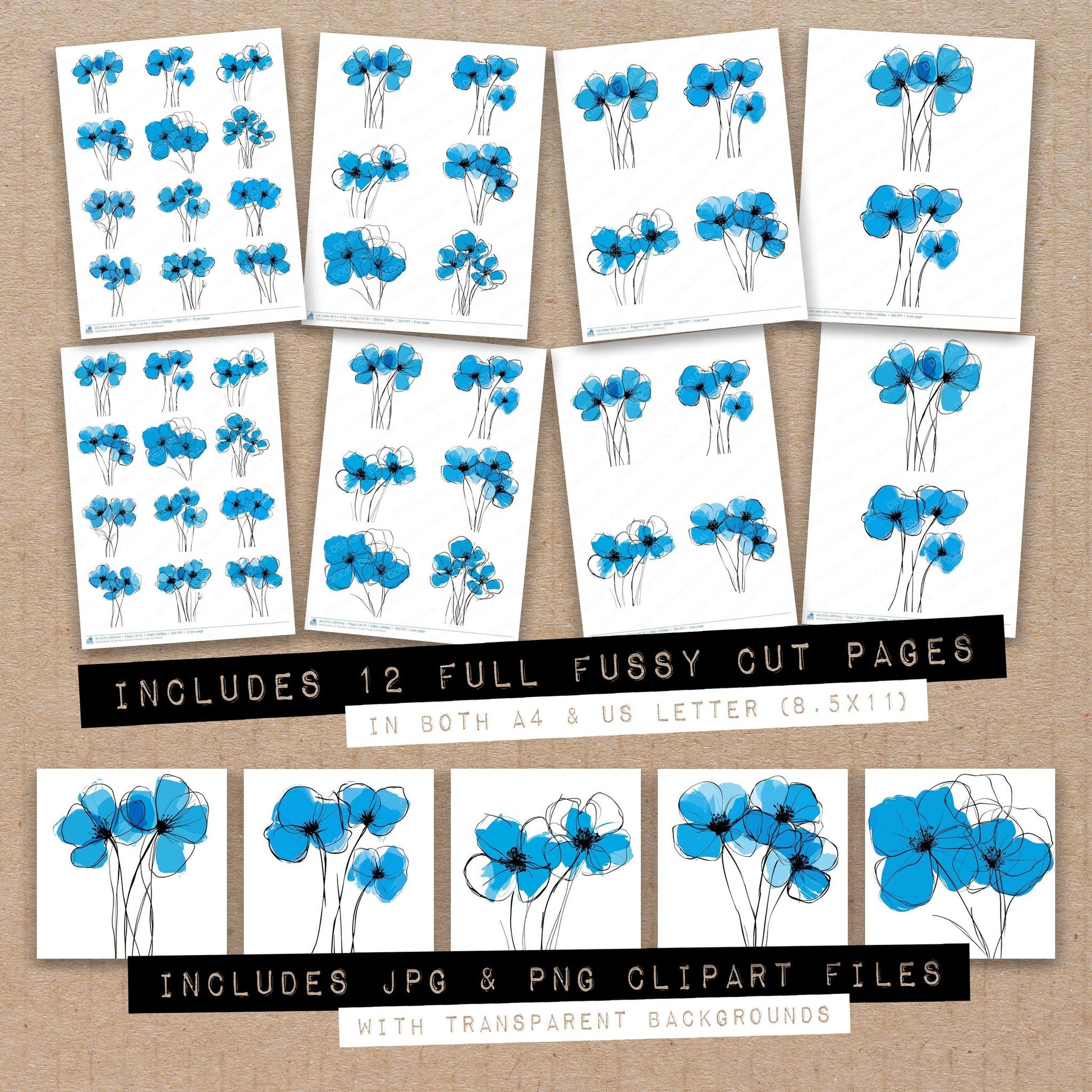 Full collection view of Sky Blue Abstract Flowers fussy cut sheets with bonus clipart JPG and PNG files