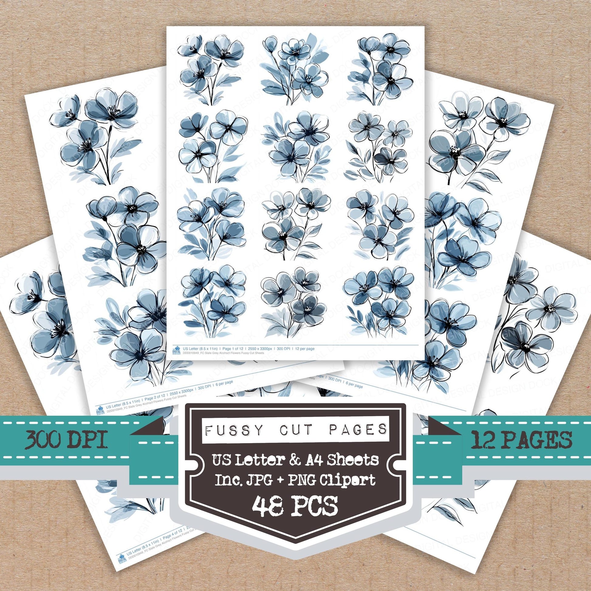 Slate Grey Abstract Flowers fussy cut printable sheets for junk journaling, scrapbooking, and paper craft projects