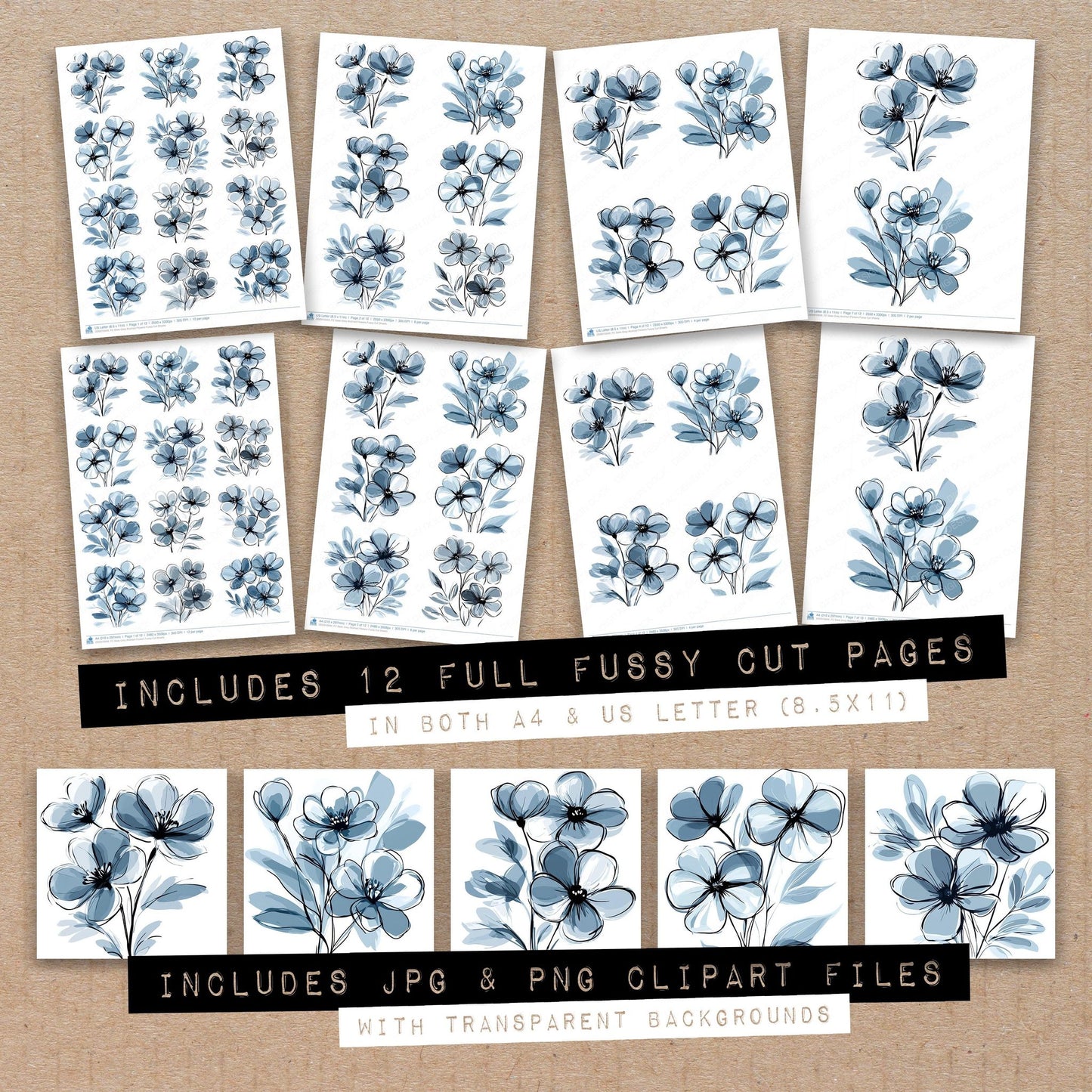 Full collection view of Slate Grey Abstract Flowers fussy cut sheets with bonus clipart JPG and PNG files