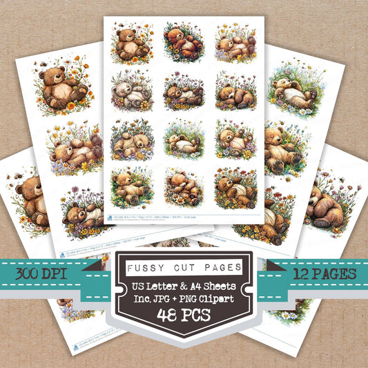 Sleeping Bear in Wildflowers fussy cut printable sheets for junk journaling, scrapbooking, and paper craft projects
