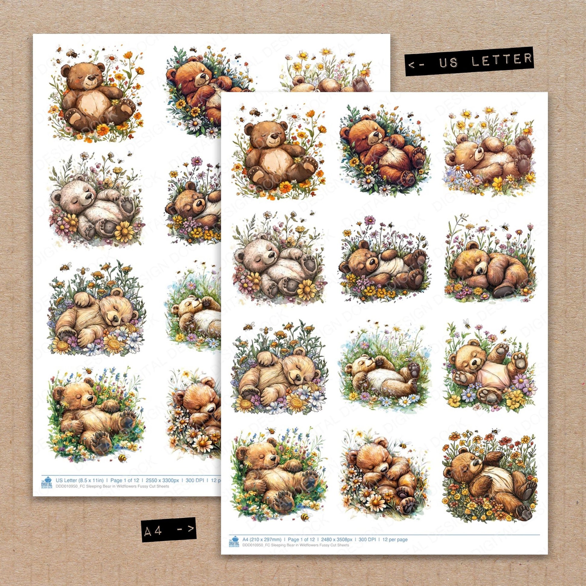 A4 and US Letter format comparison showing Sleeping Bear in Wildflowers fussy cut pages for print and cut crafting