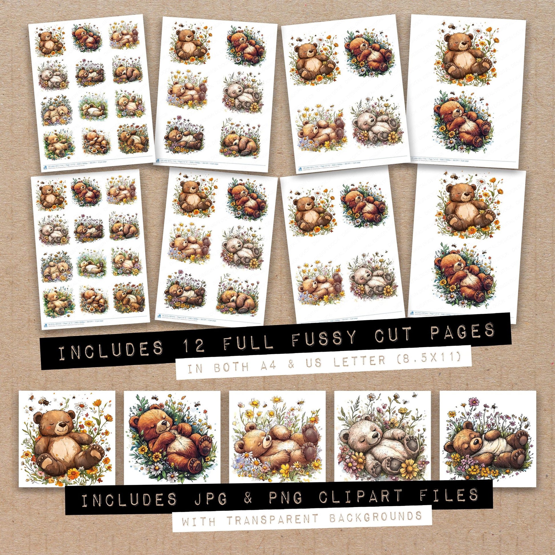 Full collection view of Sleeping Bear in Wildflowers fussy cut sheets with bonus clipart JPG and PNG files
