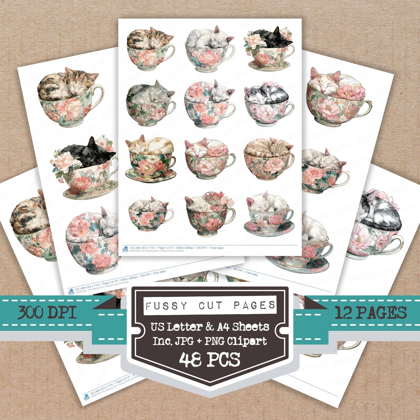 Sleeping Cat in Teacup fussy cut printable sheets for junk journaling, scrapbooking, and paper craft projects