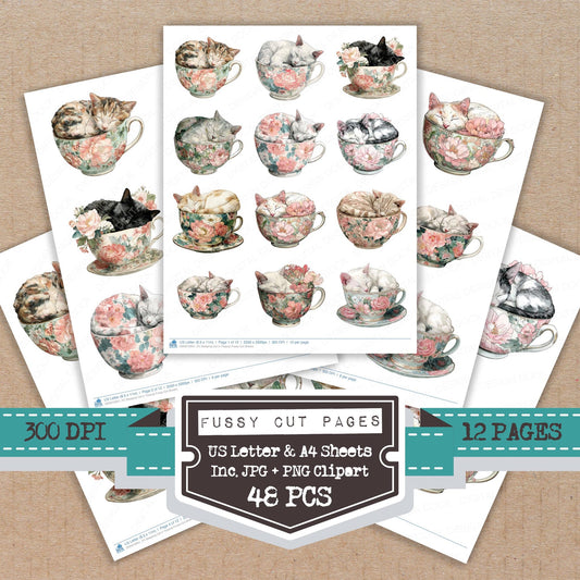 Sleeping Cat in Teacup fussy cut printable sheets for junk journaling, scrapbooking, and paper craft projects