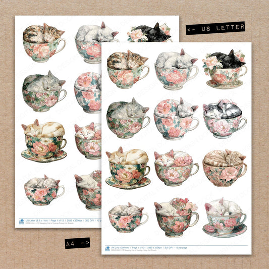 A4 and US Letter format comparison showing Sleeping Cat in Teacup fussy cut pages for print and cut crafting
