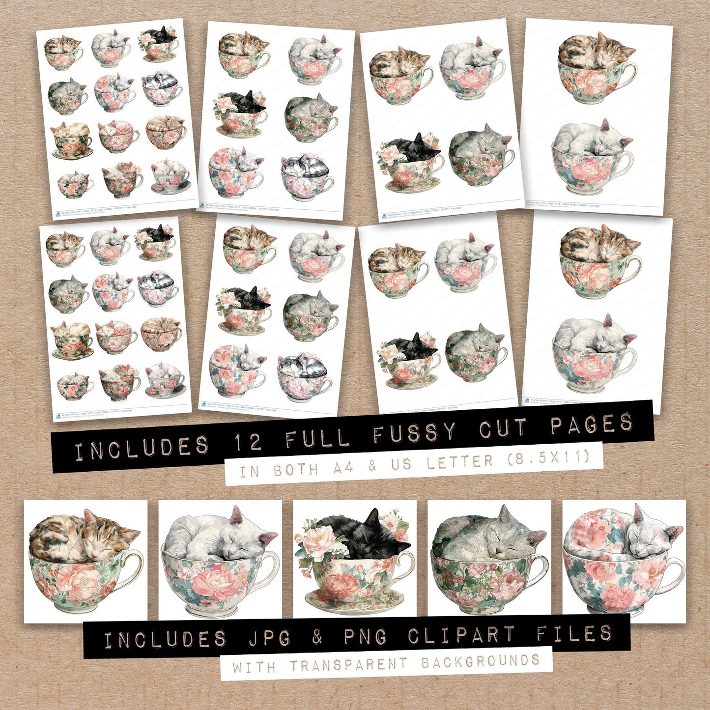 Full collection view of Sleeping Cat in Teacup fussy cut sheets with bonus clipart JPG and PNG files