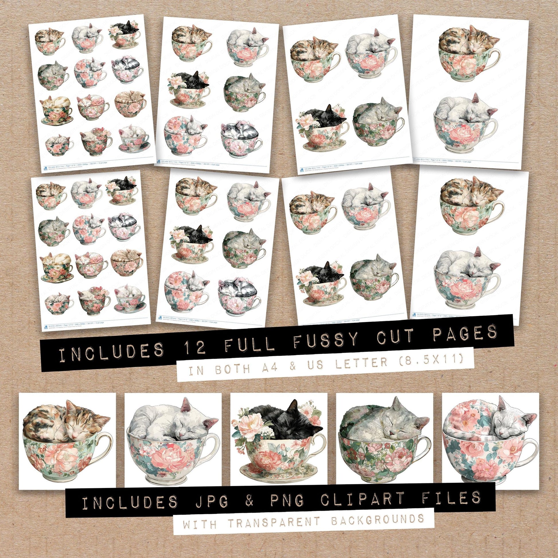 Full collection view of Sleeping Cat in Teacup fussy cut sheets with bonus clipart JPG and PNG files