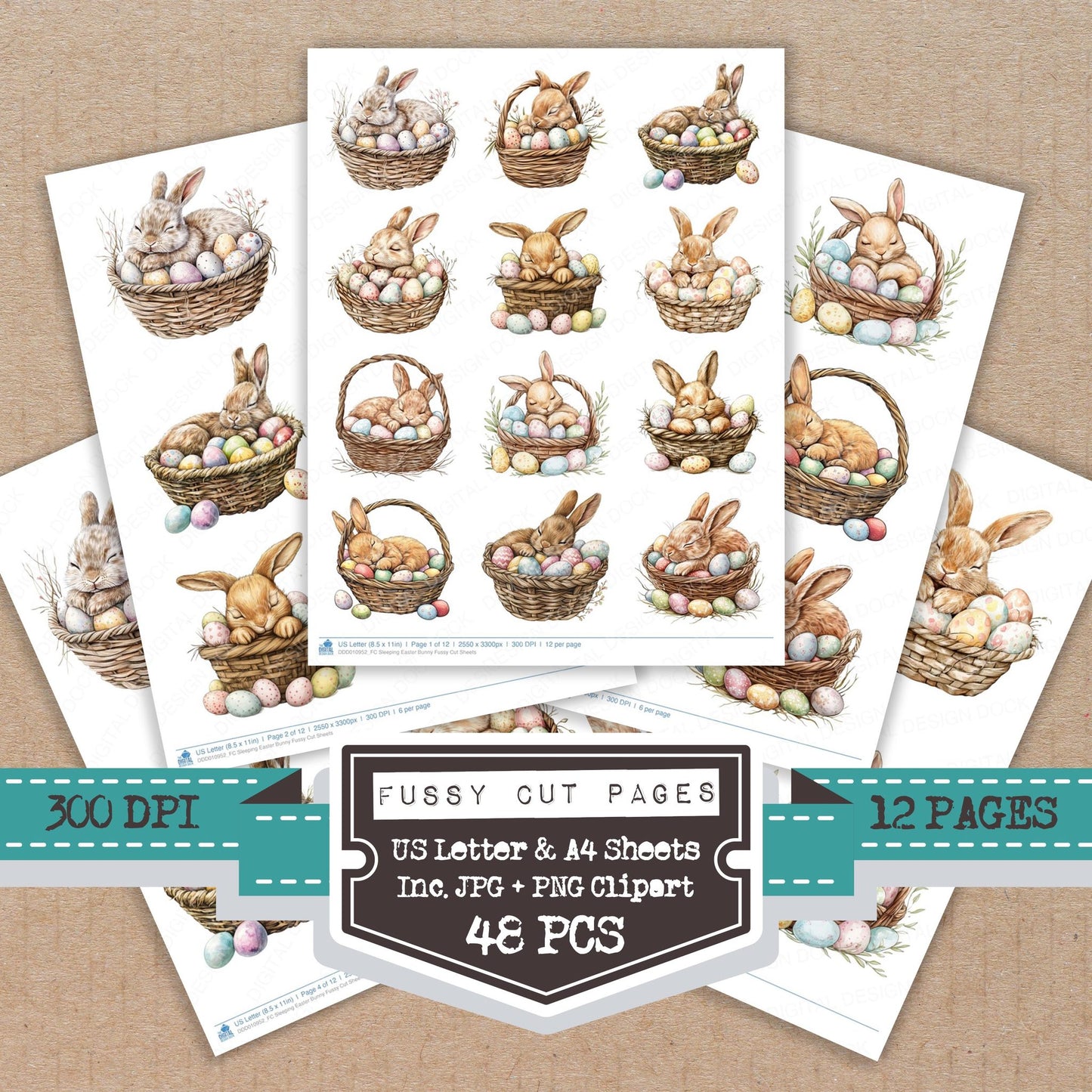 Sleeping Easter Bunny fussy cut printable sheets for junk journaling, scrapbooking, and paper craft projects