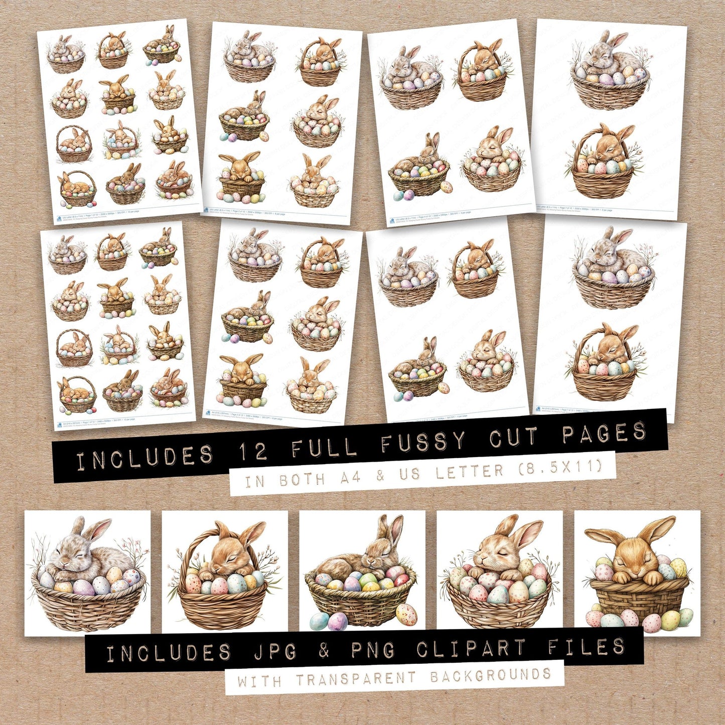 Full collection view of Sleeping Easter Bunny fussy cut sheets with bonus clipart JPG and PNG files