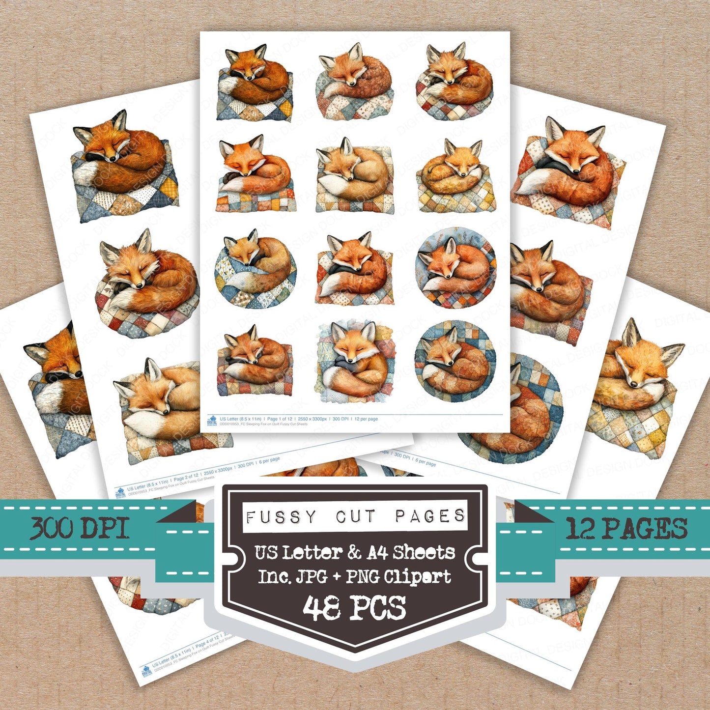 Sleeping Fox on Quilt fussy cut printable sheets for junk journaling, scrapbooking, and paper craft projects