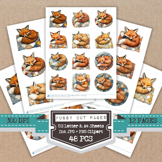 Sleeping Fox on Quilt fussy cut printable sheets for junk journaling, scrapbooking, and paper craft projects