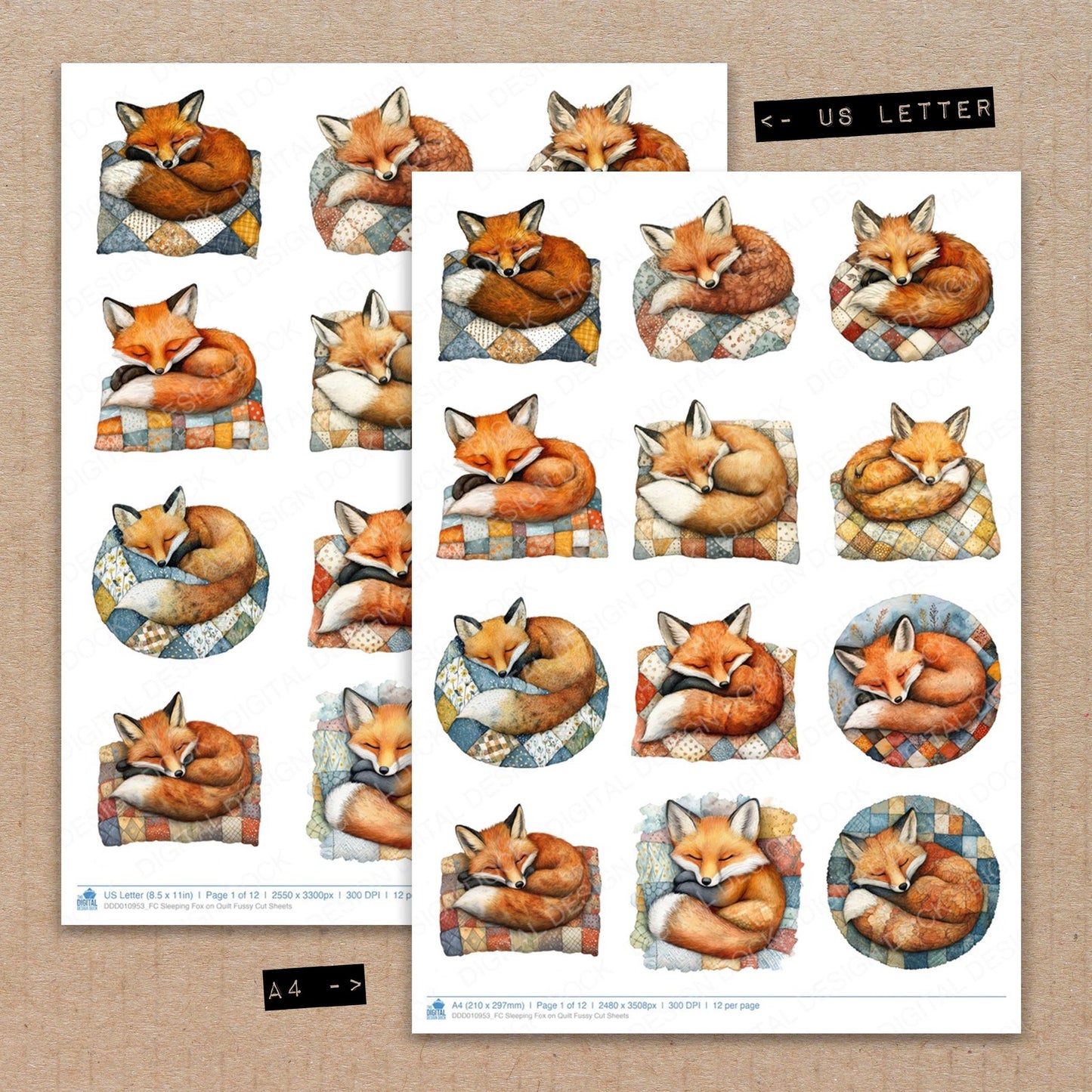 A4 and US Letter format comparison showing Sleeping Fox on Quilt fussy cut pages for print and cut crafting