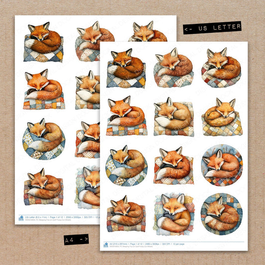 A4 and US Letter format comparison showing Sleeping Fox on Quilt fussy cut pages for print and cut crafting