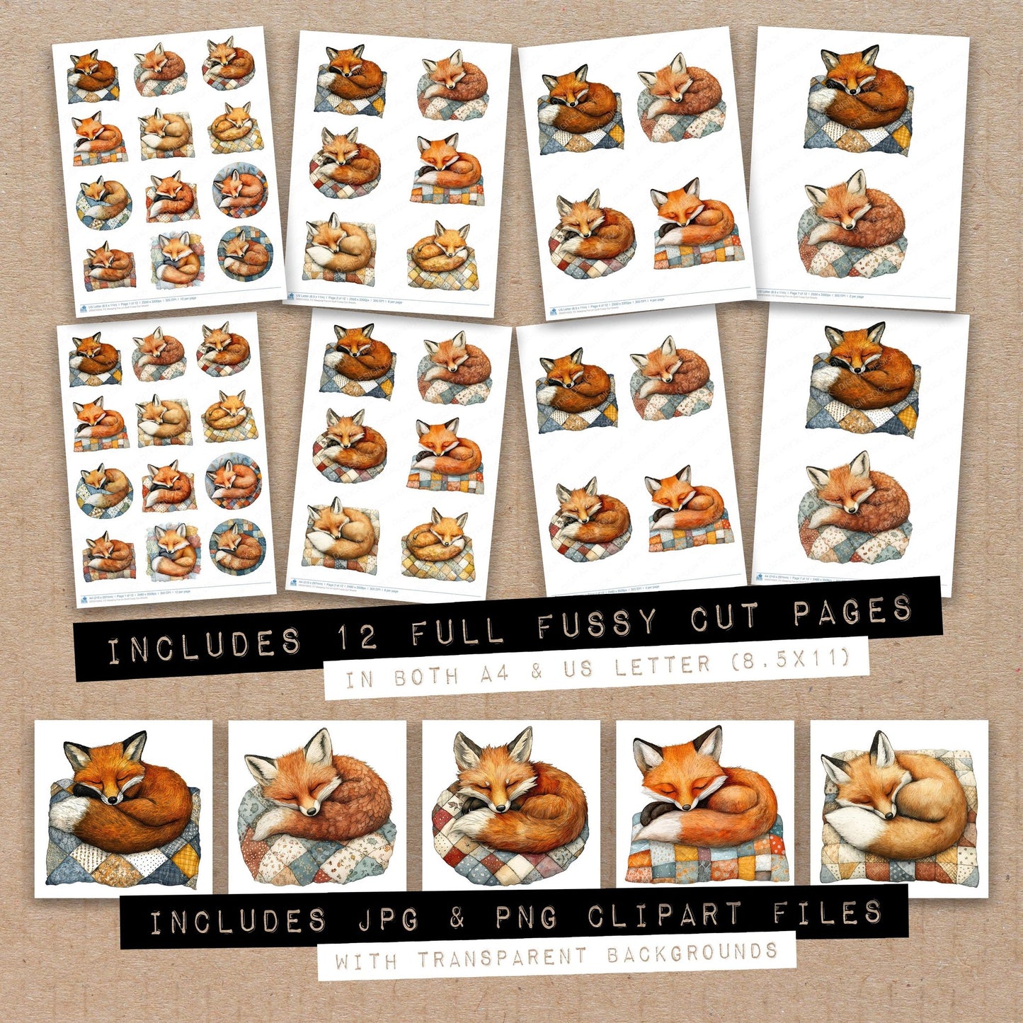 Full collection view of Sleeping Fox on Quilt fussy cut sheets with bonus clipart JPG and PNG files
