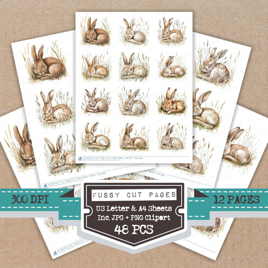 Sleepy Hare in Tall Grass fussy cut printable sheets for junk journaling, scrapbooking, and paper craft projects