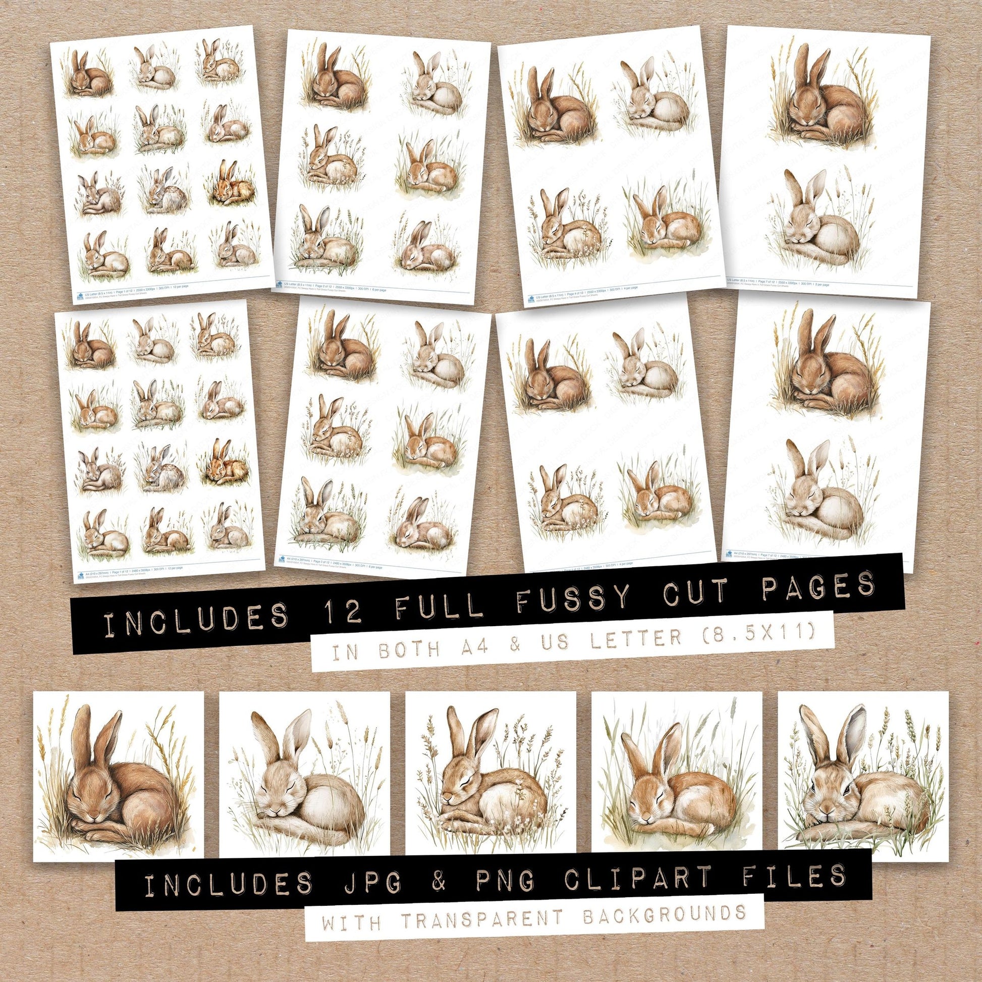 Full collection view of Sleepy Hare in Tall Grass fussy cut sheets with bonus clipart JPG and PNG files