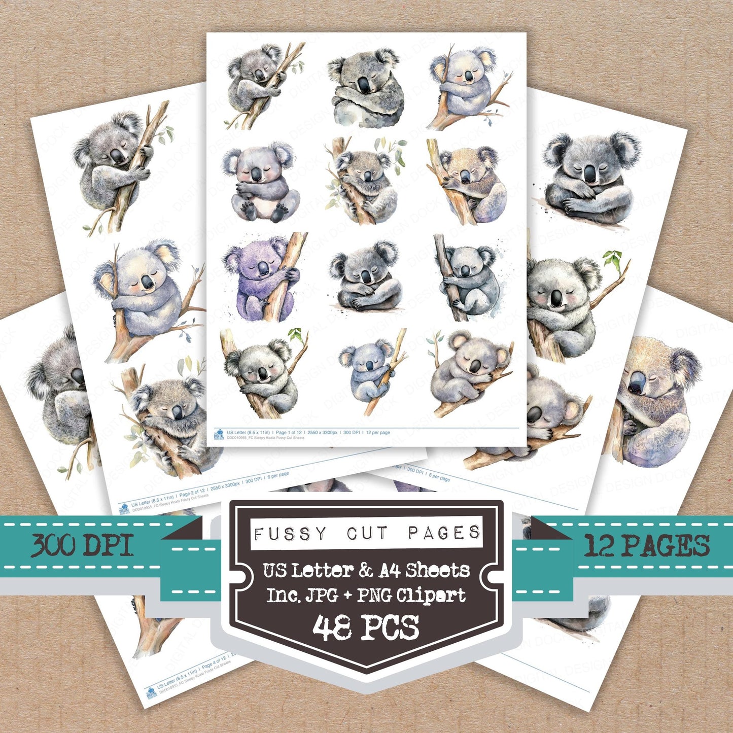 Sleepy Koala fussy cut printable sheets for junk journaling, scrapbooking, and paper craft projects