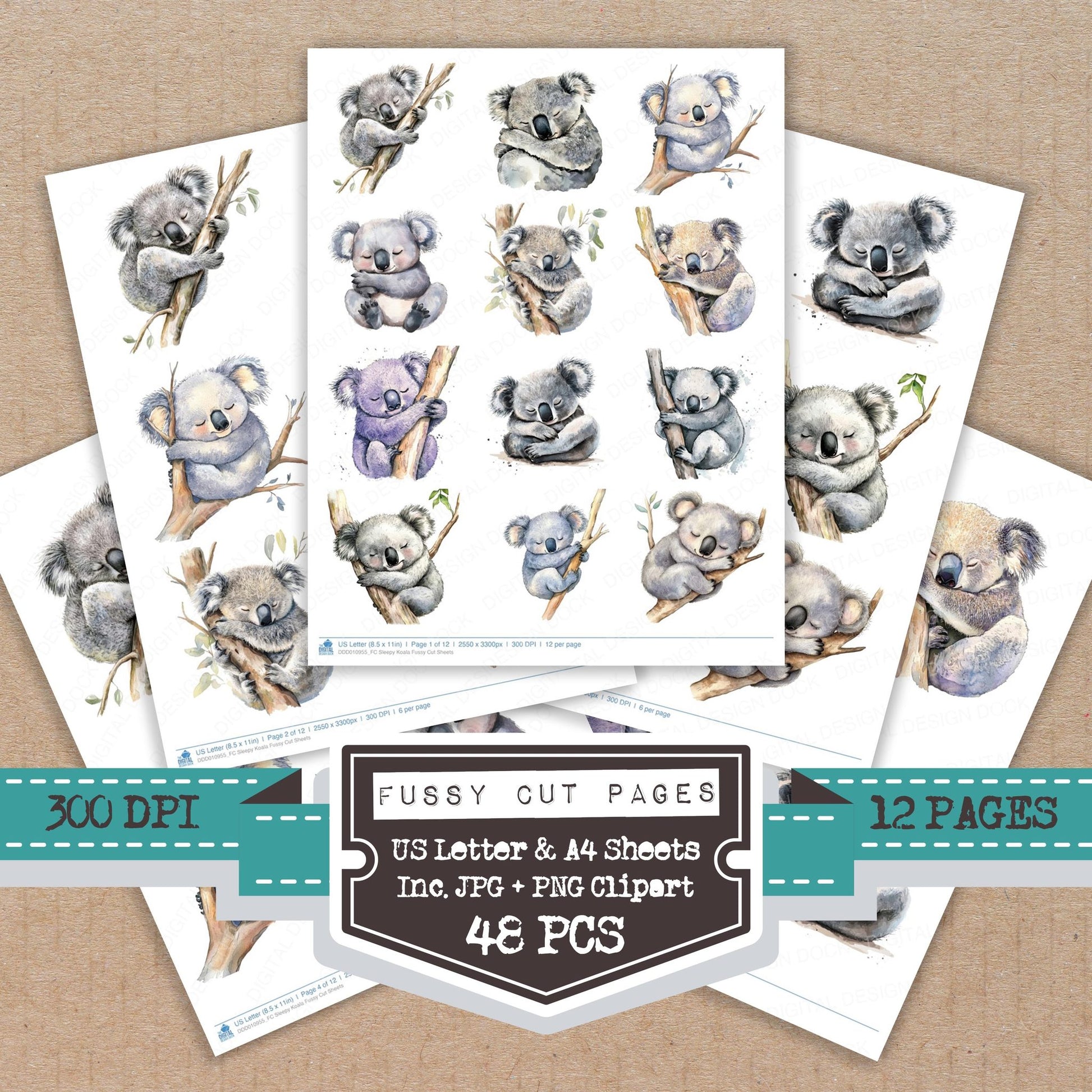 Sleepy Koala fussy cut printable sheets for junk journaling, scrapbooking, and paper craft projects