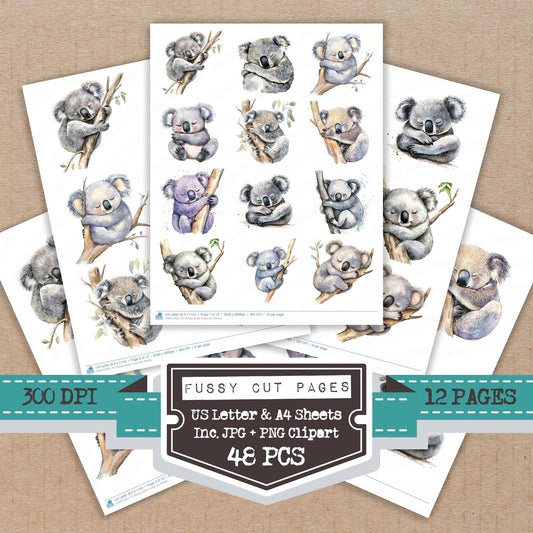 Sleepy Koala fussy cut printable sheets for junk journaling, scrapbooking, and paper craft projects