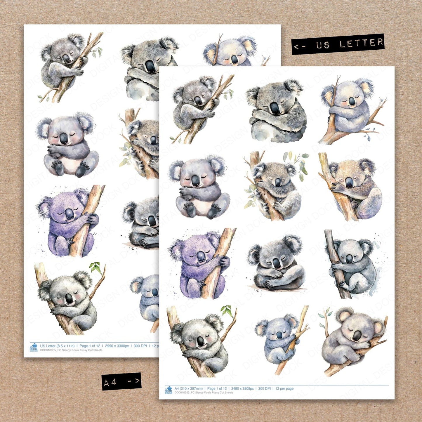A4 and US Letter format comparison showing Sleepy Koala fussy cut pages for print and cut crafting