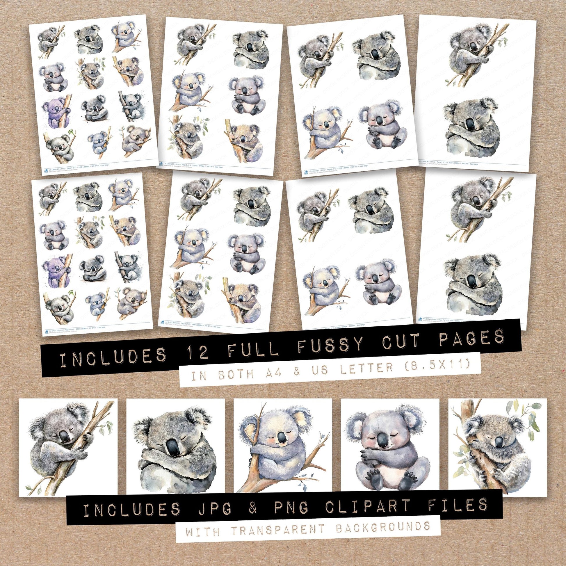 Full collection view of Sleepy Koala fussy cut sheets with bonus clipart JPG and PNG files