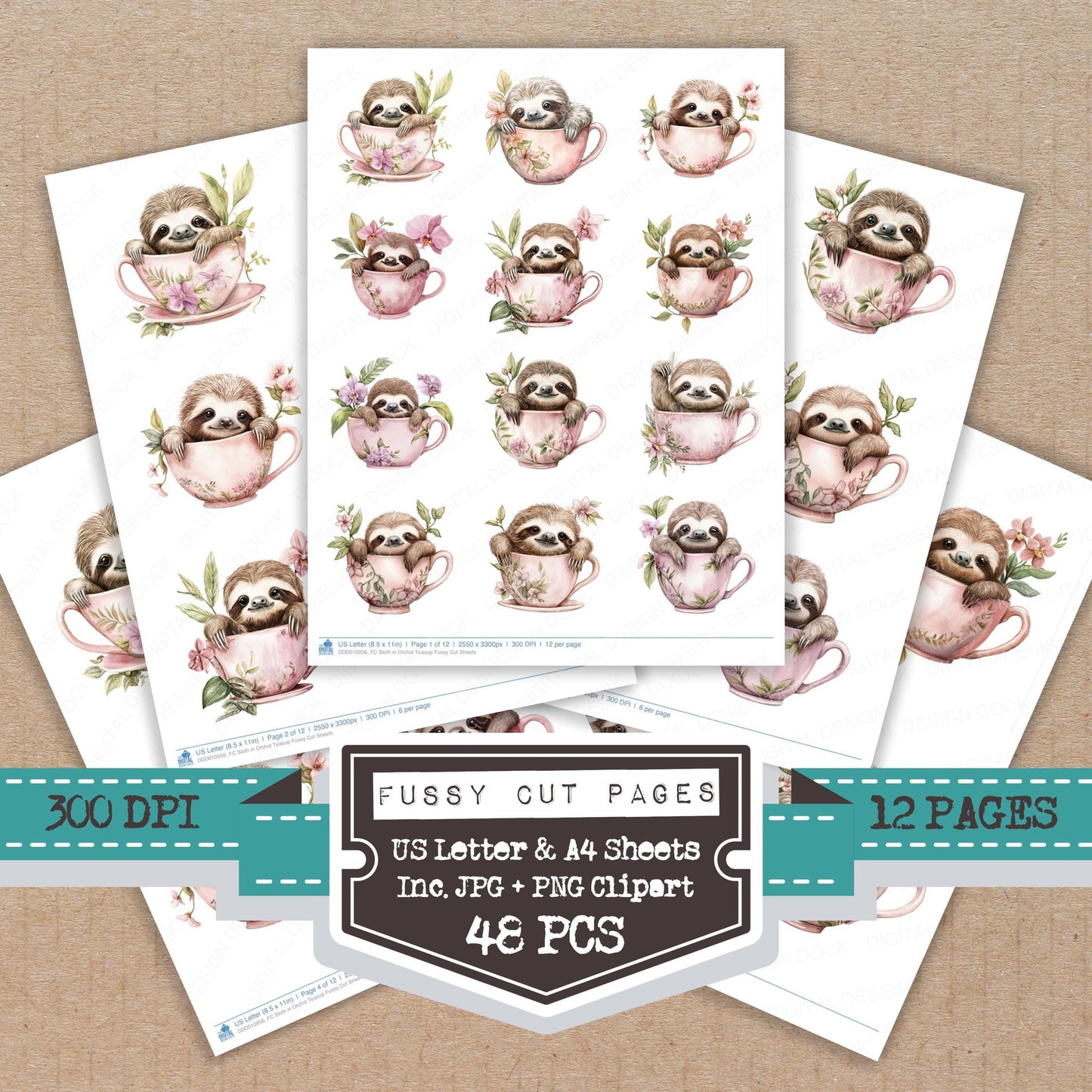 Sloth in Orchid Teacup fussy cut printable sheets for junk journaling, scrapbooking, and paper craft projects