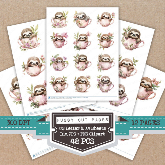 Sloth in Orchid Teacup fussy cut printable sheets for junk journaling, scrapbooking, and paper craft projects