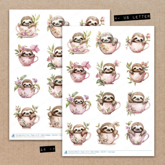 A4 and US Letter format comparison showing Sloth in Orchid Teacup fussy cut pages for print and cut crafting