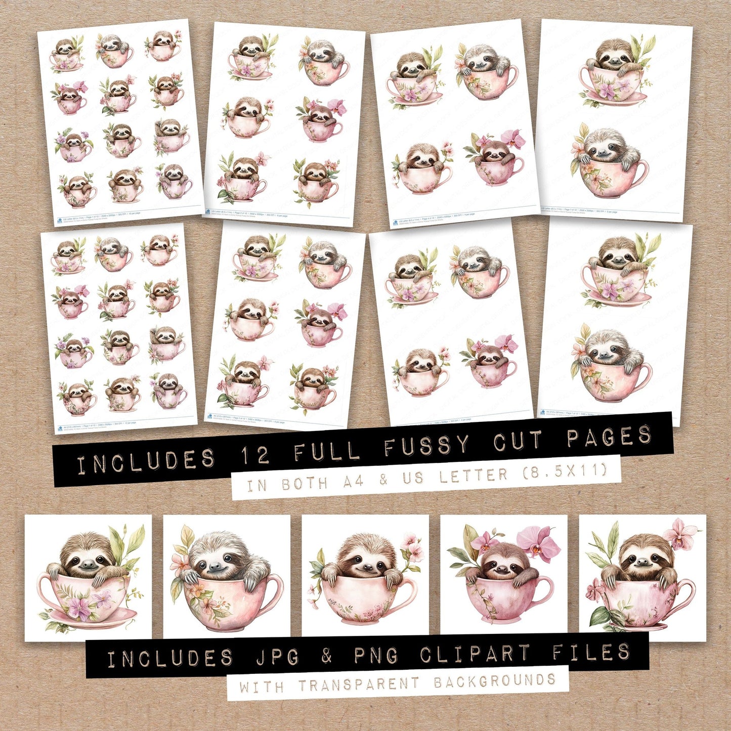 Full collection view of Sloth in Orchid Teacup fussy cut sheets with bonus clipart JPG and PNG files