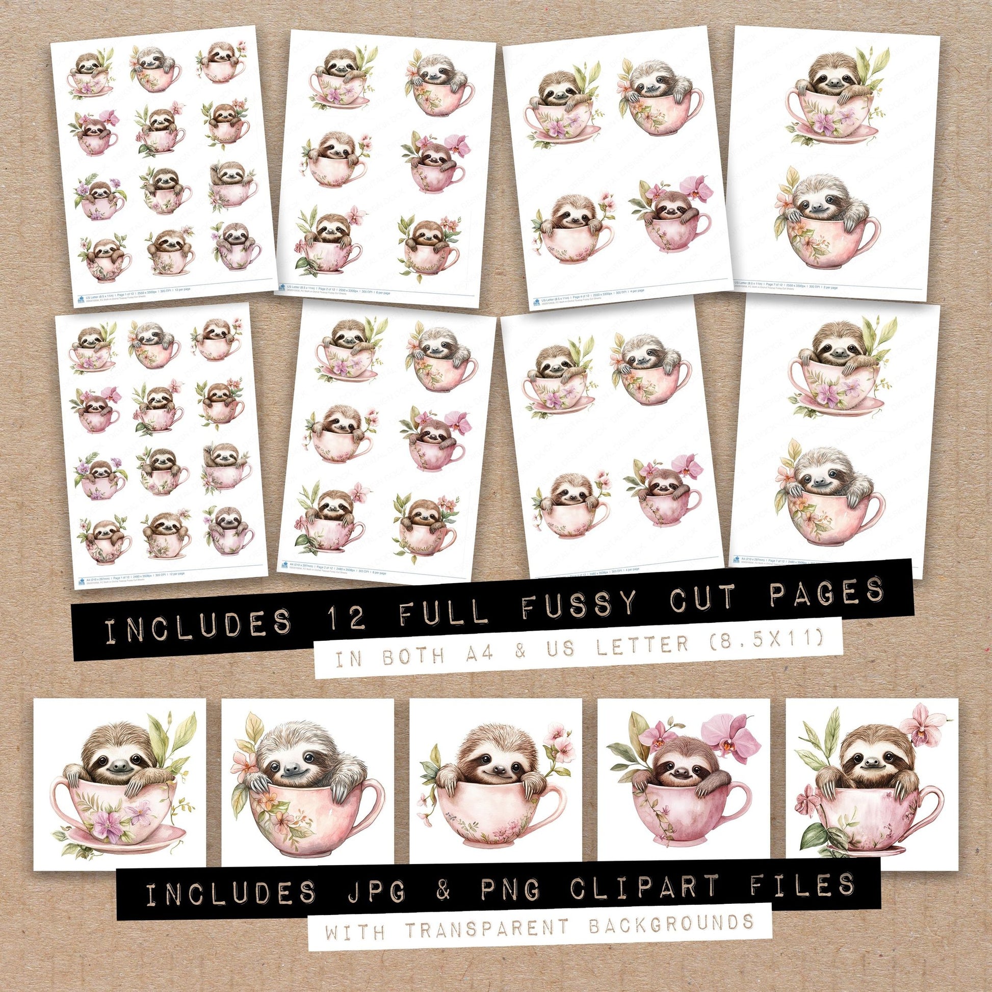 Full collection view of Sloth in Orchid Teacup fussy cut sheets with bonus clipart JPG and PNG files