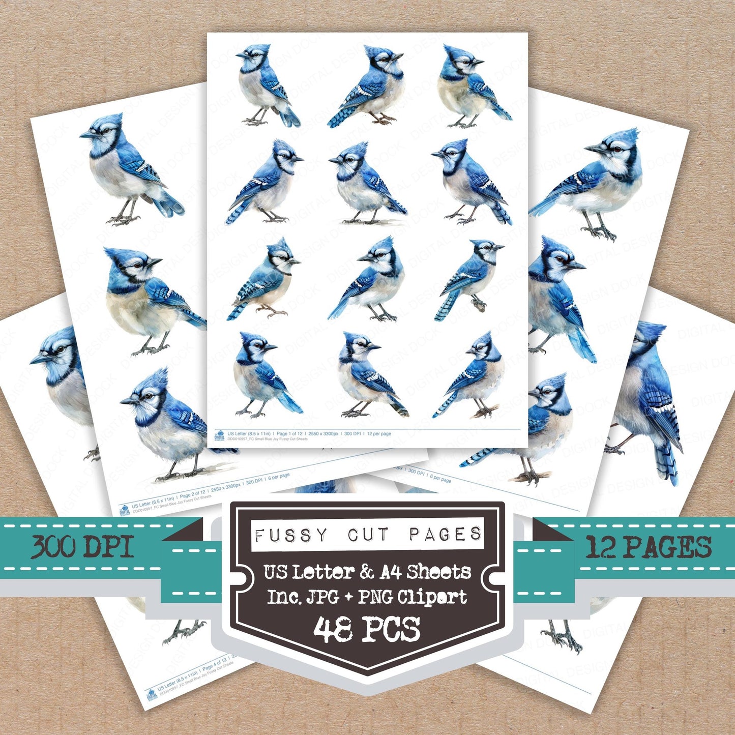 Small Blue Jay fussy cut printable sheets for junk journaling, scrapbooking, and paper craft projects