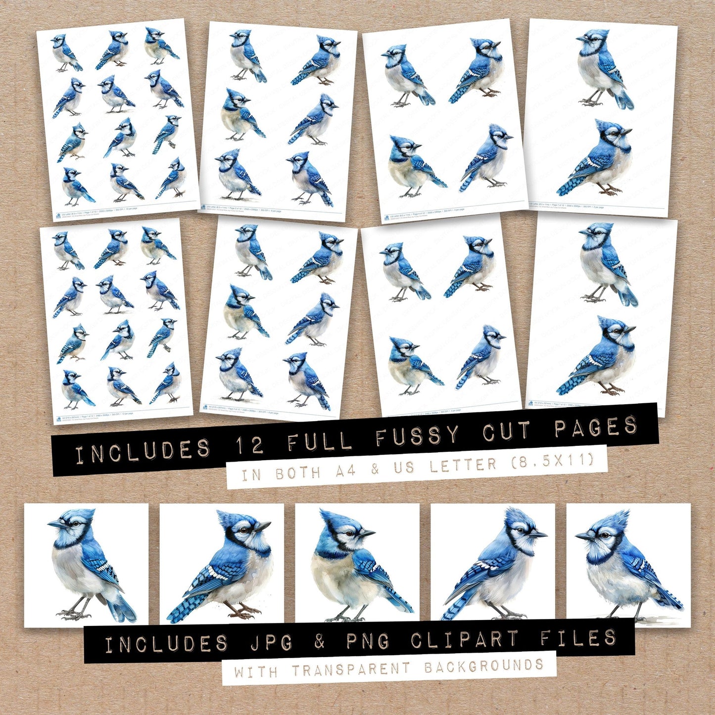 Full collection view of Small Blue Jay fussy cut sheets with bonus clipart JPG and PNG files
