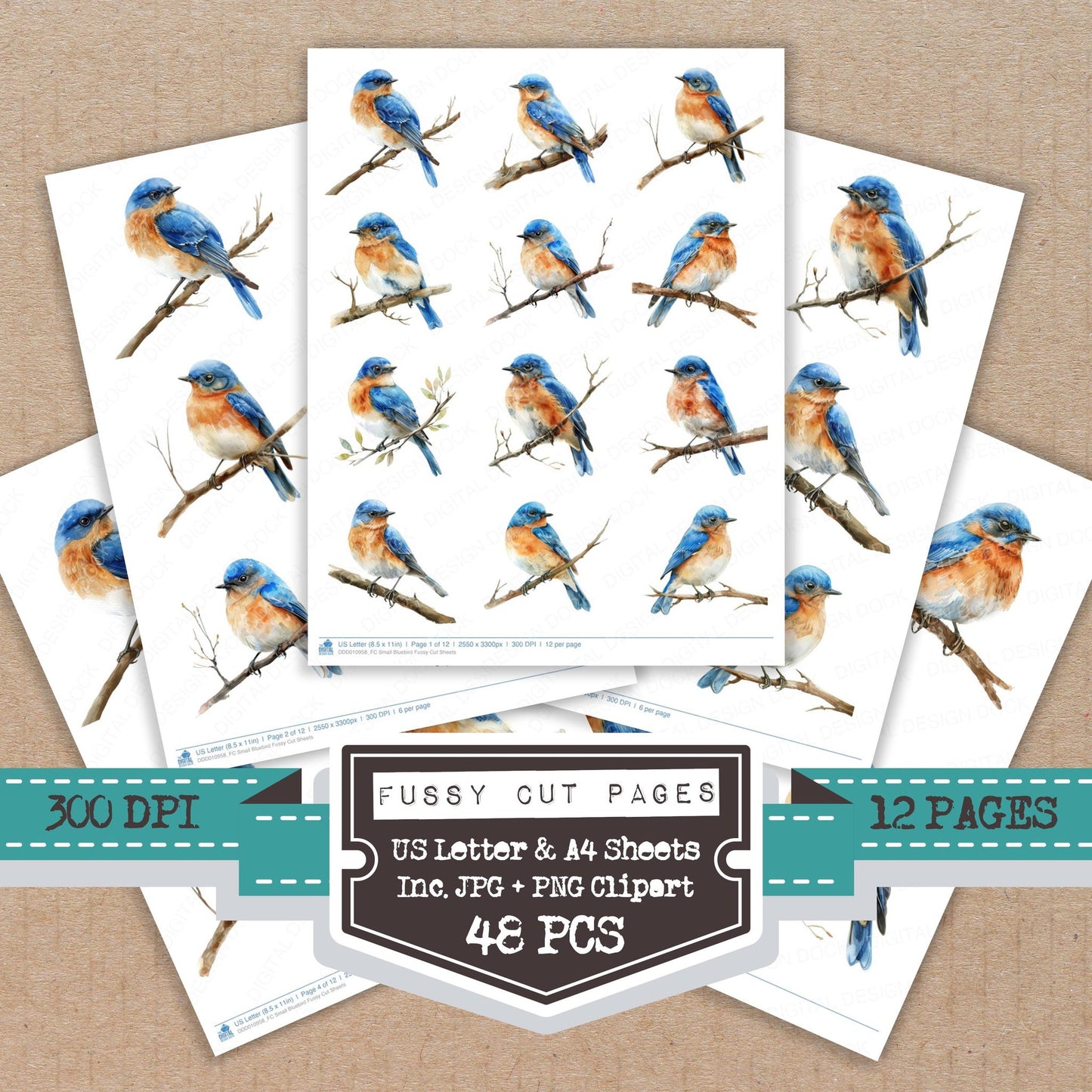 Small Bluebird fussy cut printable sheets for junk journaling, scrapbooking, and paper craft projects