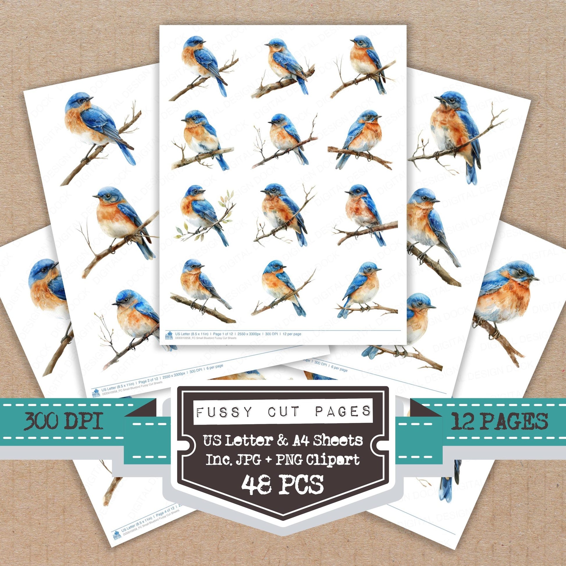 Small Bluebird fussy cut printable sheets for junk journaling, scrapbooking, and paper craft projects