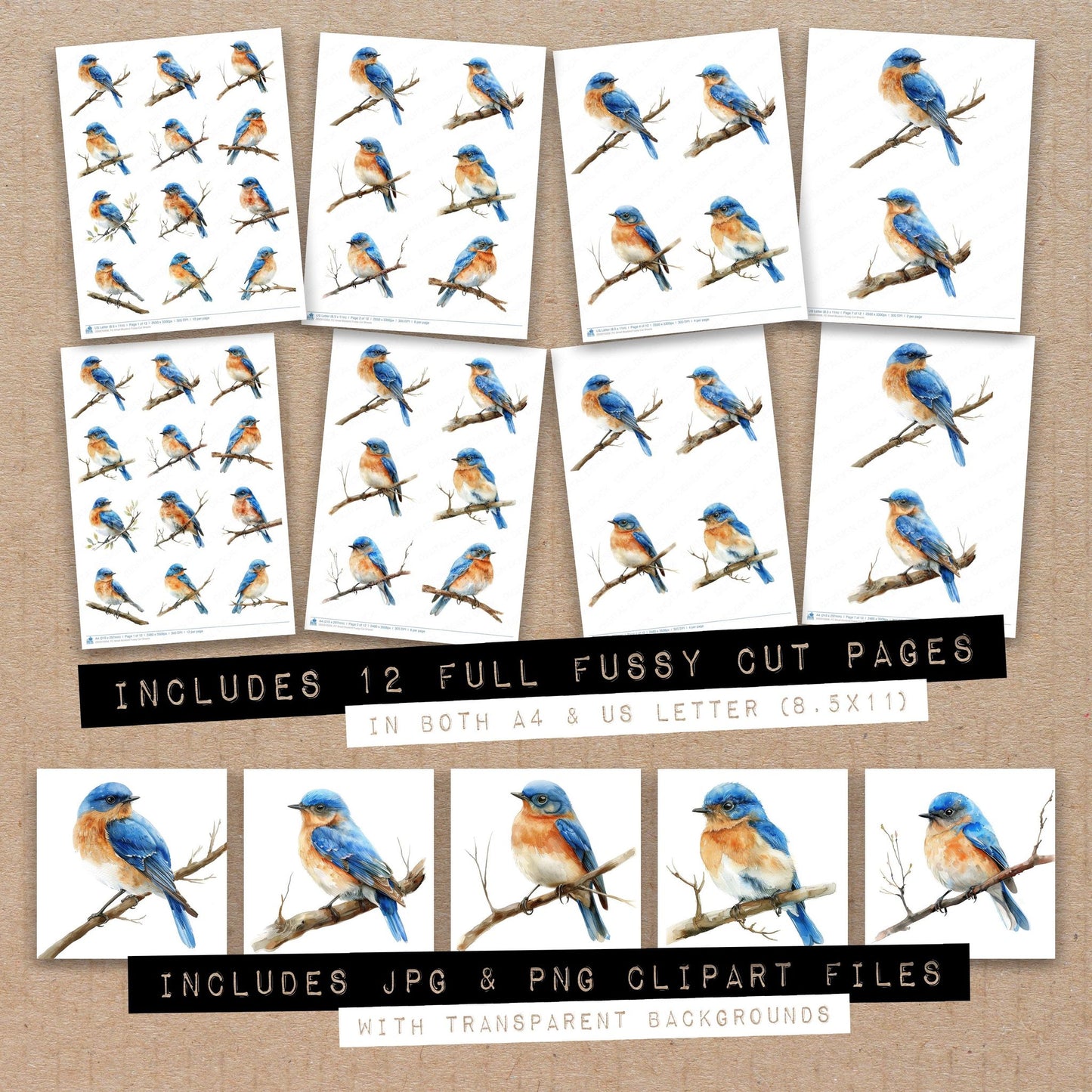 Full collection view of Small Bluebird fussy cut sheets with bonus clipart JPG and PNG files