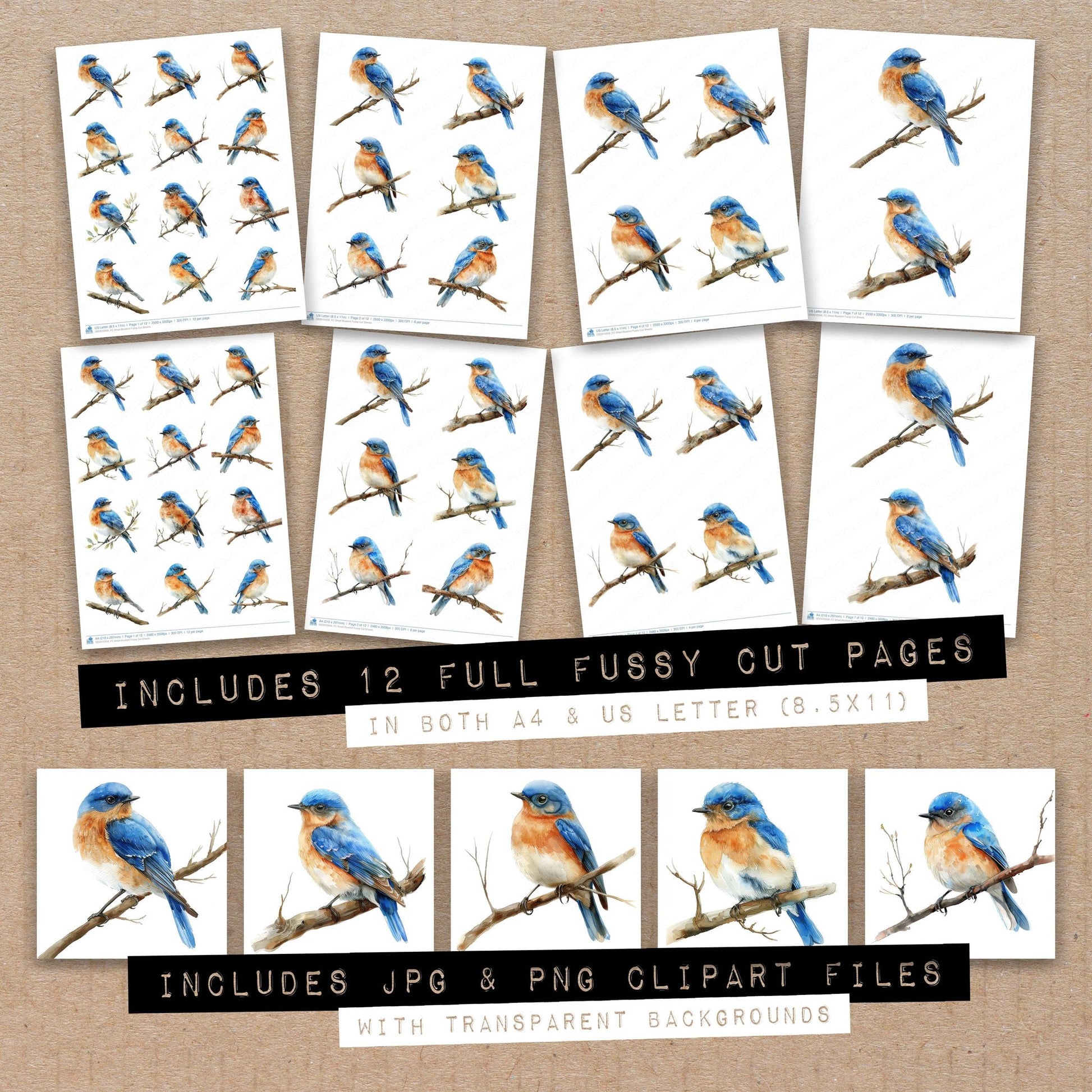 Full collection view of Small Bluebird fussy cut sheets with bonus clipart JPG and PNG files