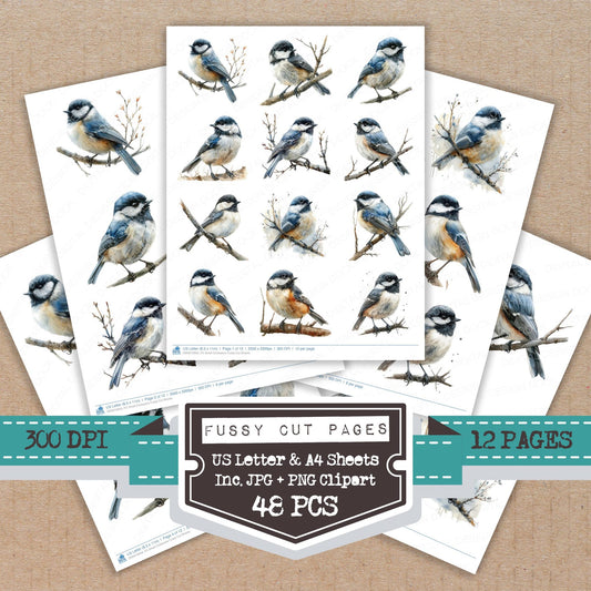 Small Chickadee fussy cut printable sheets for junk journaling, scrapbooking, and paper craft projects