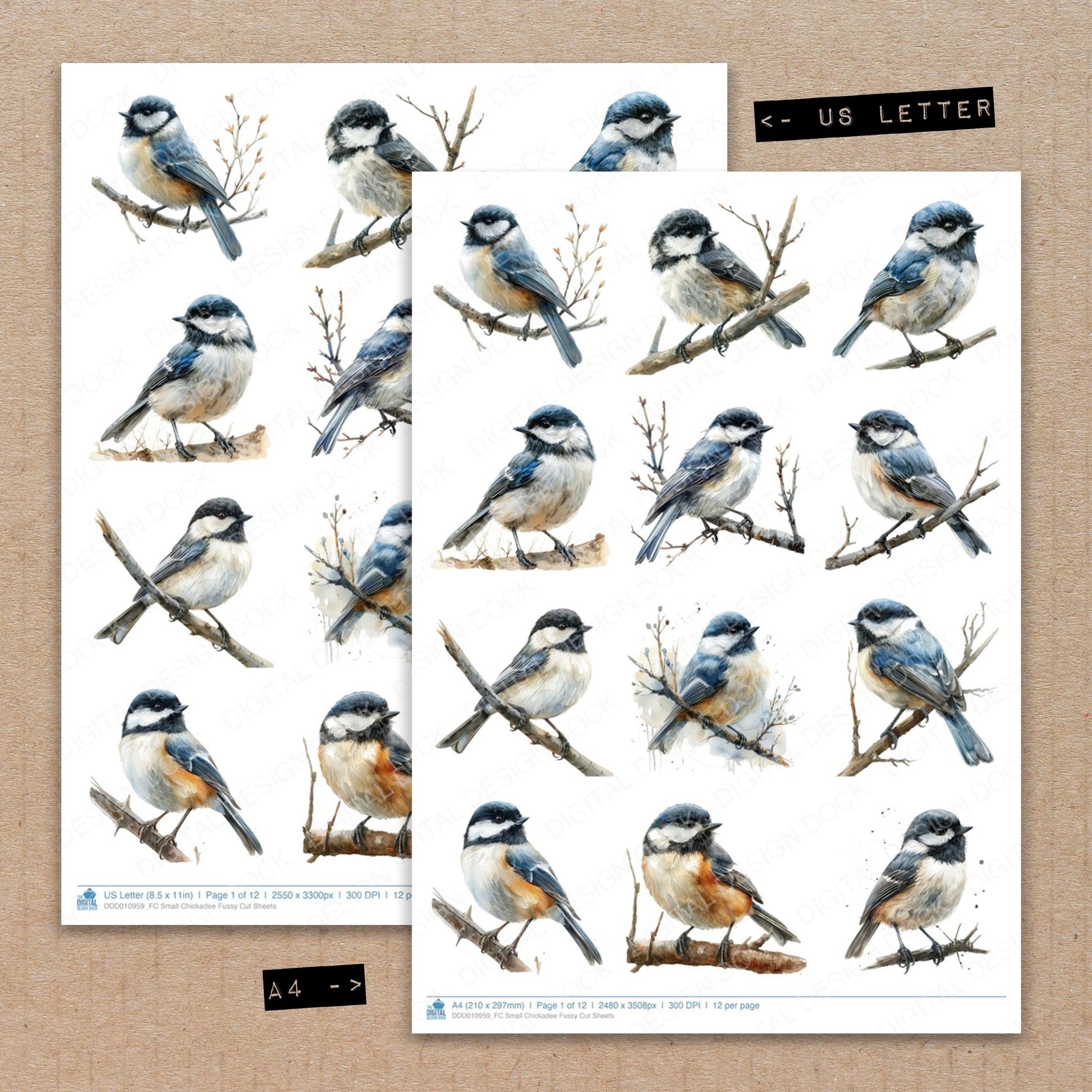 A4 and US Letter format comparison showing Small Chickadee fussy cut pages for print and cut crafting