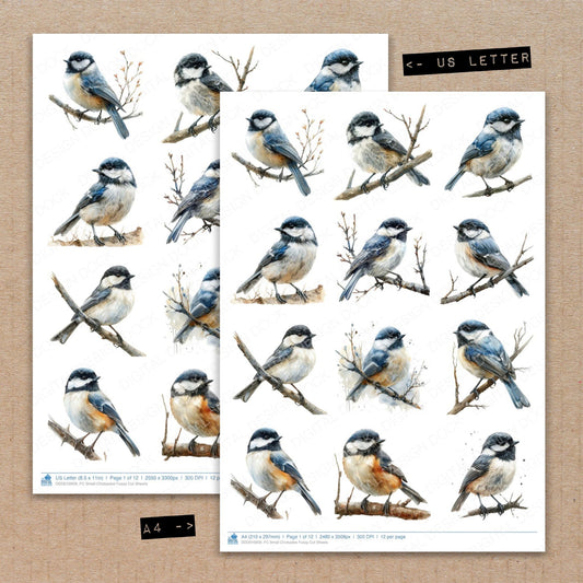 A4 and US Letter format comparison showing Small Chickadee fussy cut pages for print and cut crafting