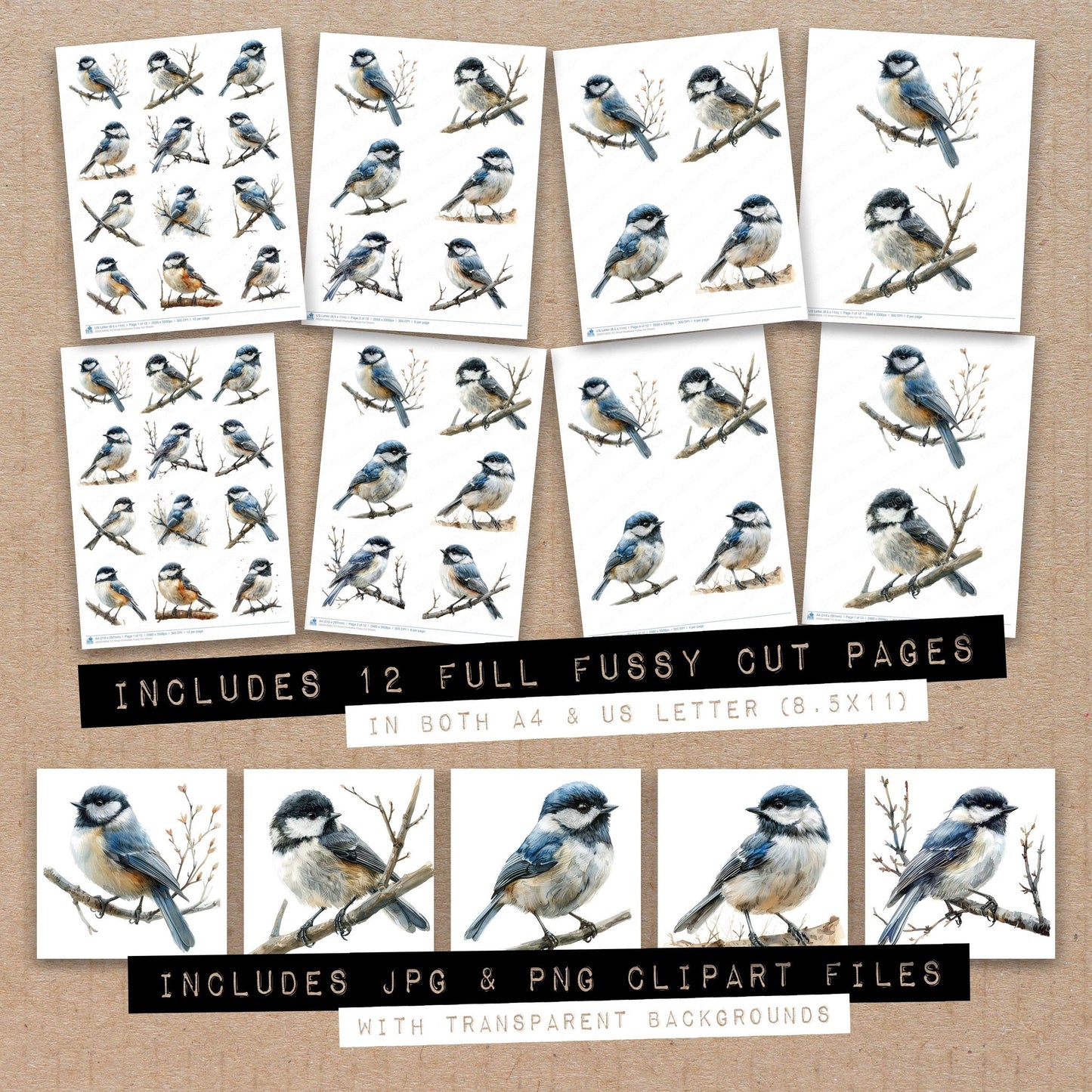 Full collection view of Small Chickadee fussy cut sheets with bonus clipart JPG and PNG files