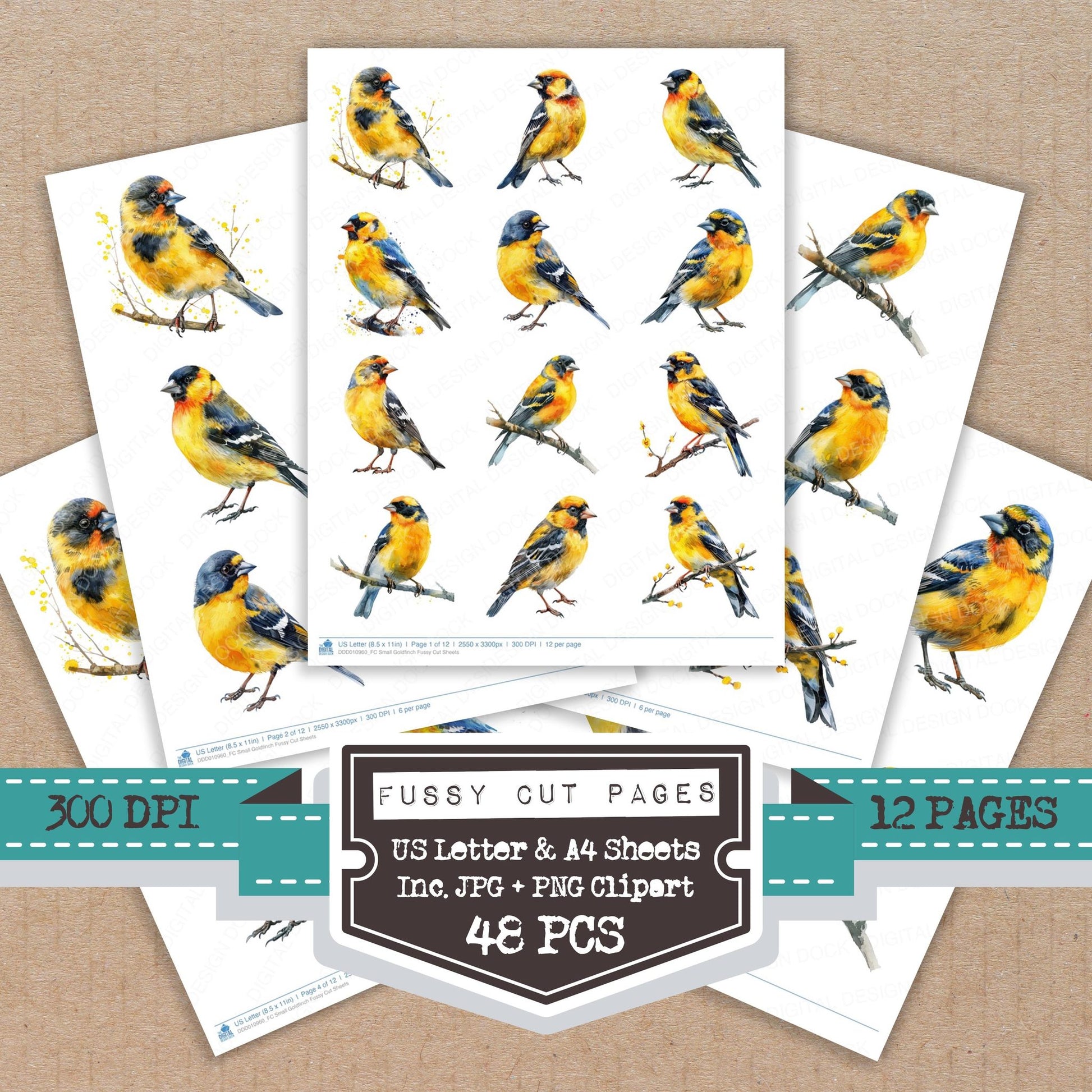 Small Goldfinch fussy cut printable sheets for junk journaling, scrapbooking, and paper craft projects